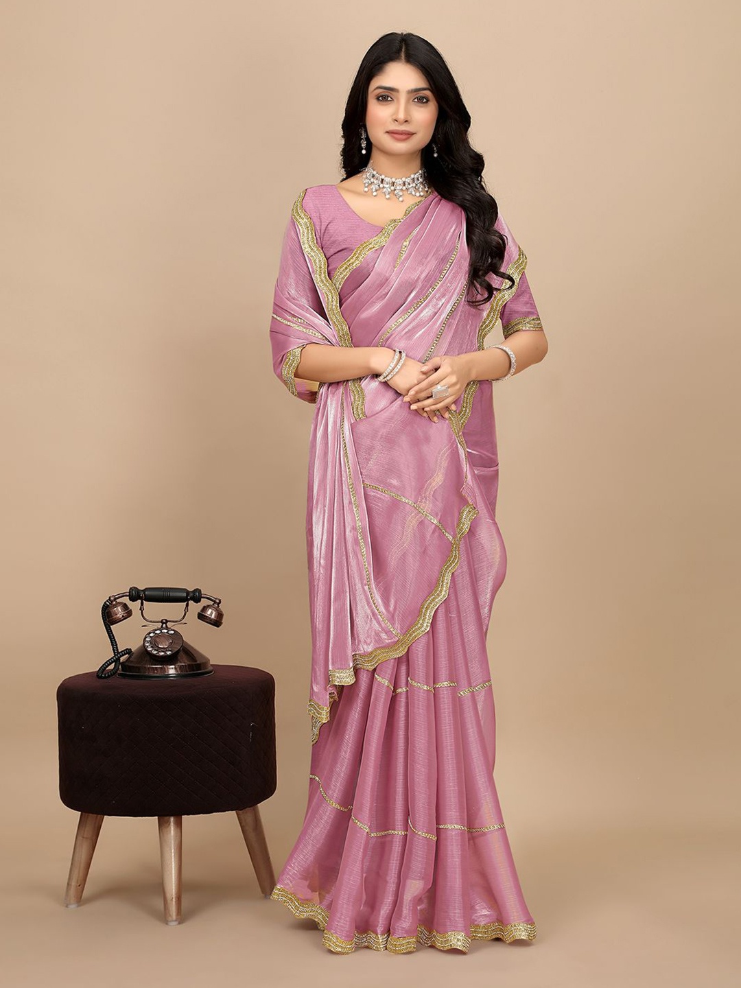 

Pionex Striped Embellished Beads and Stones Saree, Pink