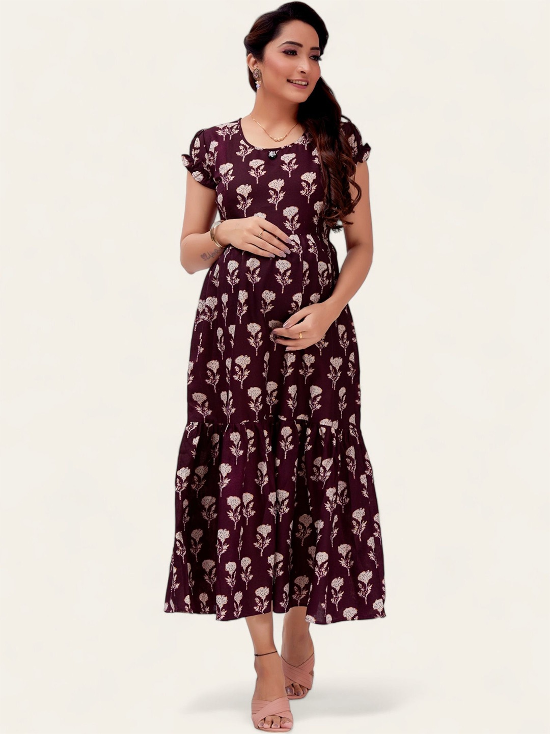 

RITIJYA Women Floral Printed Maternity Fit & Flare Midi Dress, Violet