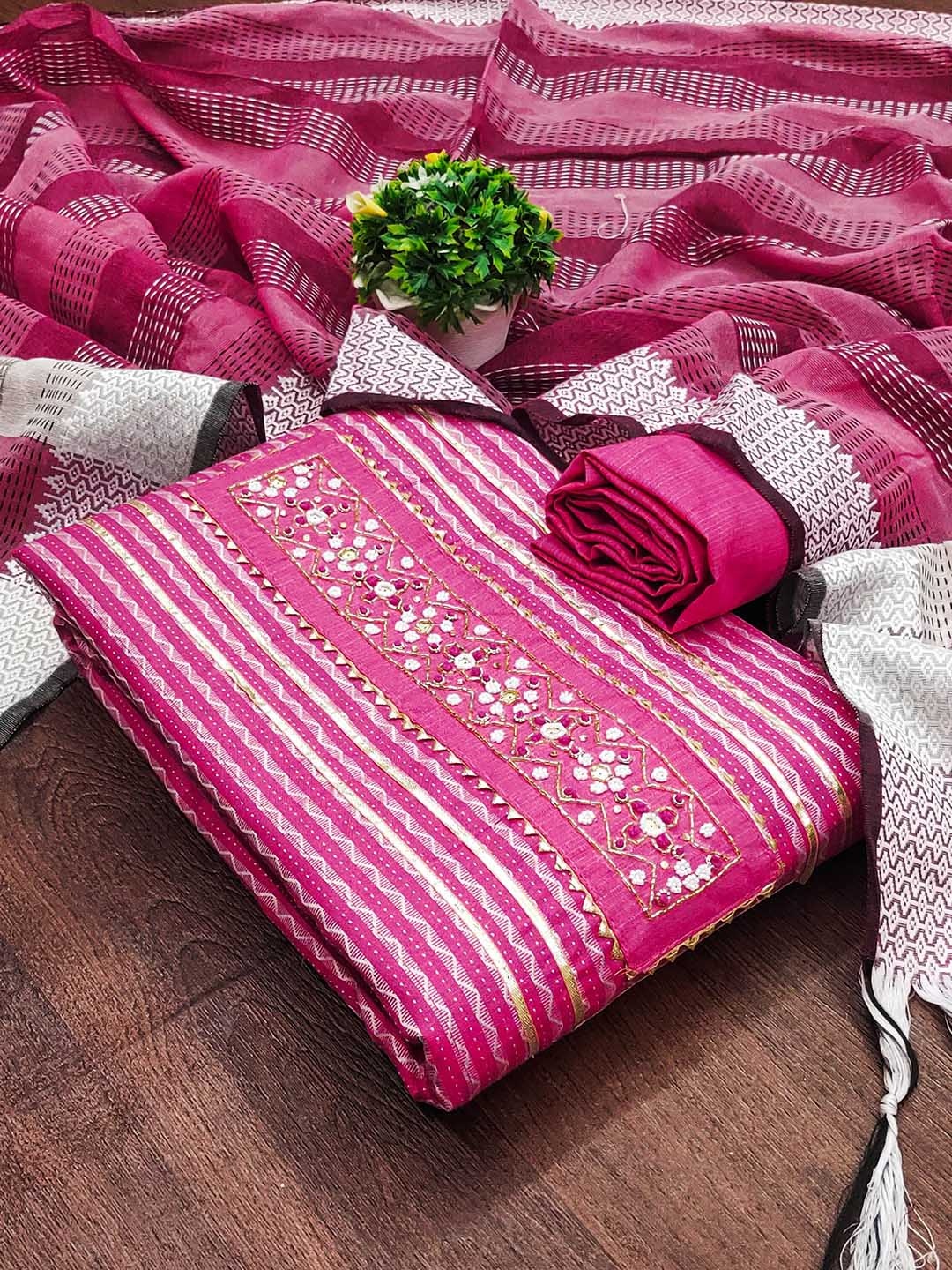 

Maroosh Striped Embellished Beads and Stones Unstitched Dress Material, Pink