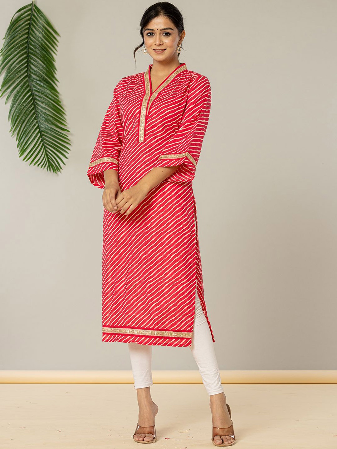 

Yufta Leheriya Printed V-Neck Three-Quarter Flared Sleeves Sequin Work Pure Cotton Kurta, Pink