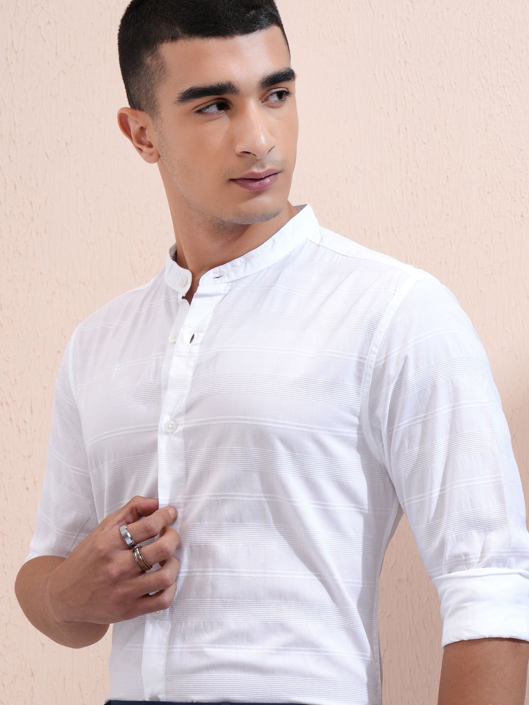 

Highlander Men Dobby Textured Striped Mandarin Collar Casual Shirt, White