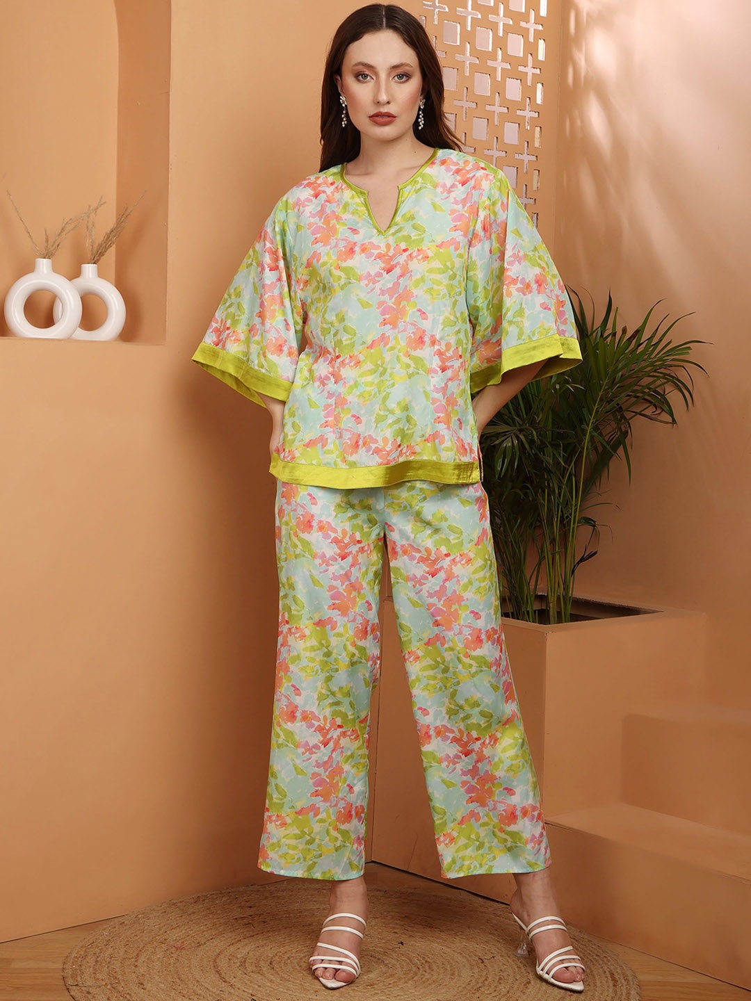 

DEBONATELLA Floral Printed Round Neck Pure Cotton Top With Trousers Co-Ords, Fluorescent green