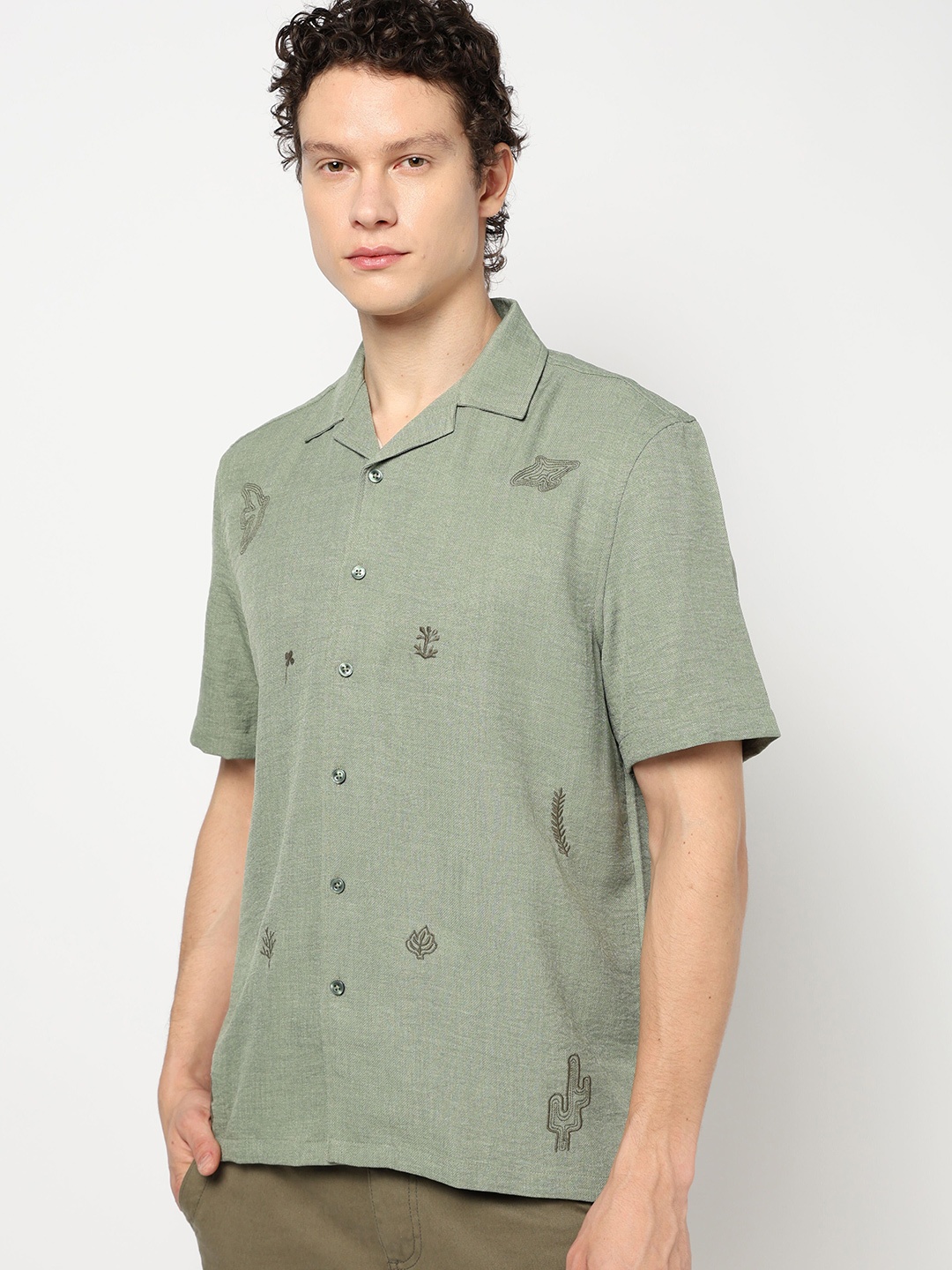 

Blue Buddha Men Comfort Cuban Collar Solid Cotton Relaxed Fit Casual Shirt, Olive