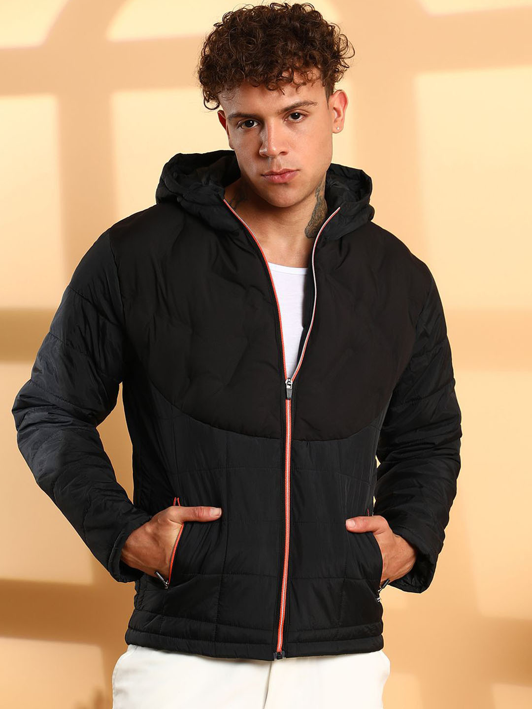 

Campus Sutra Men Hooded Solid Casual Quilted Jacket, Black