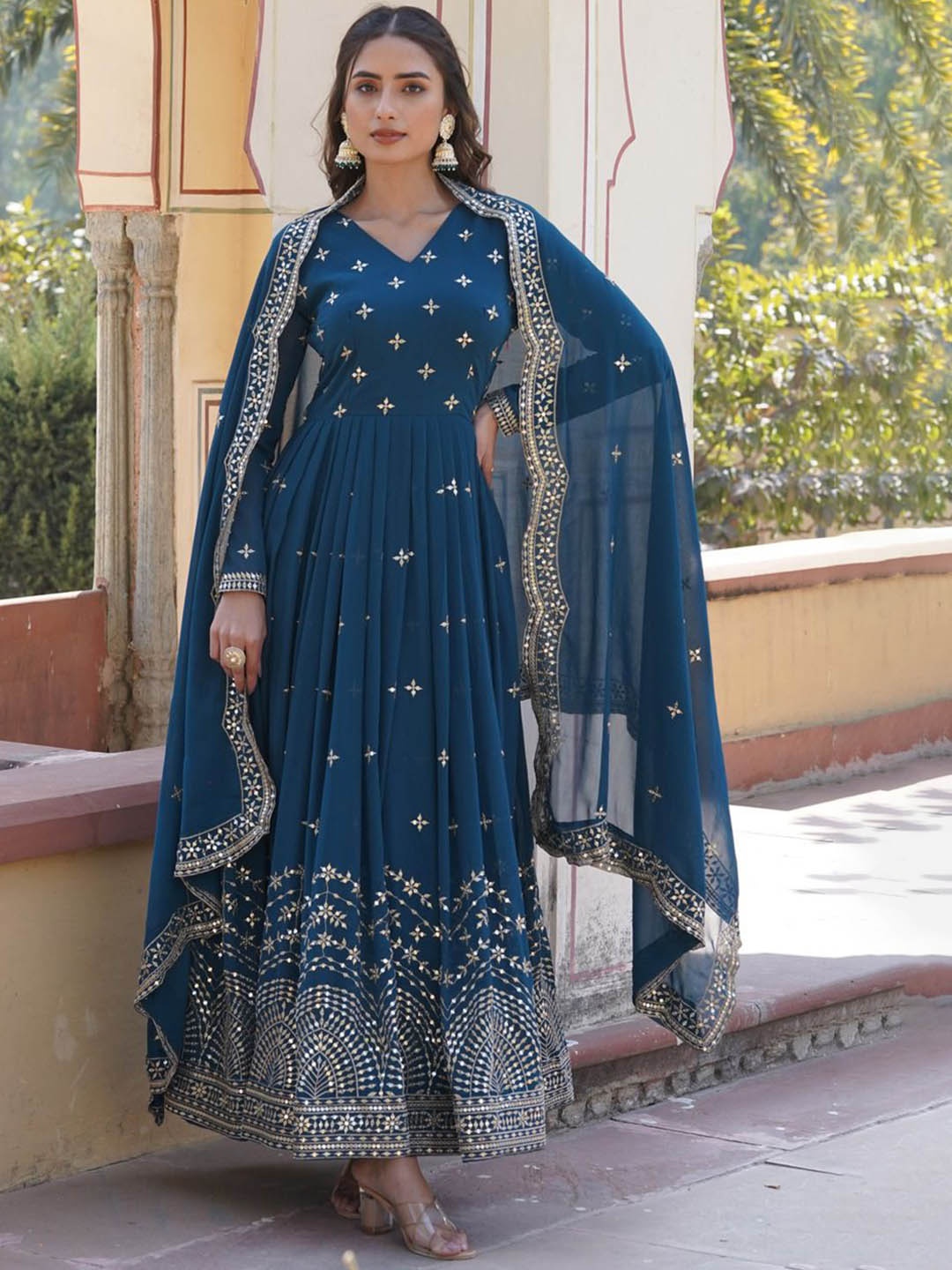 

KALINI Ethnic Motifs Embroidered Sequinned Georgette Anarkali Kurta, Turquoise blue