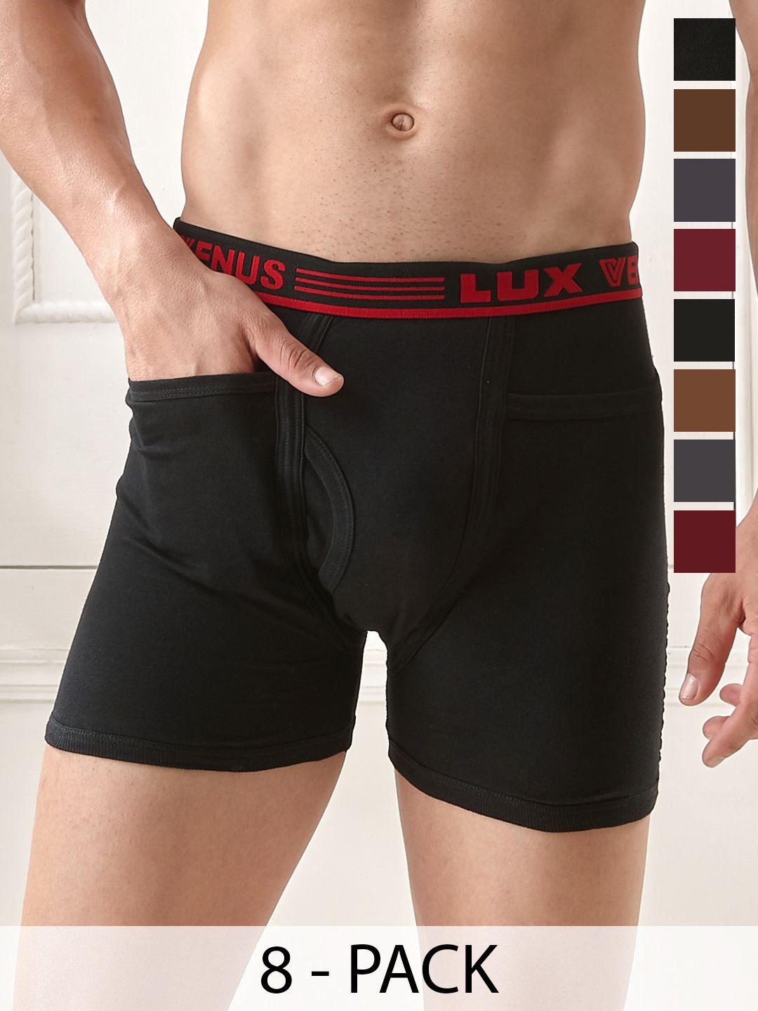 

LUX VENUS Pack of 8 Assorted Men Cotton Pocket Trunk NW1_VENUS_PKT_DRW_AST_105_8PC