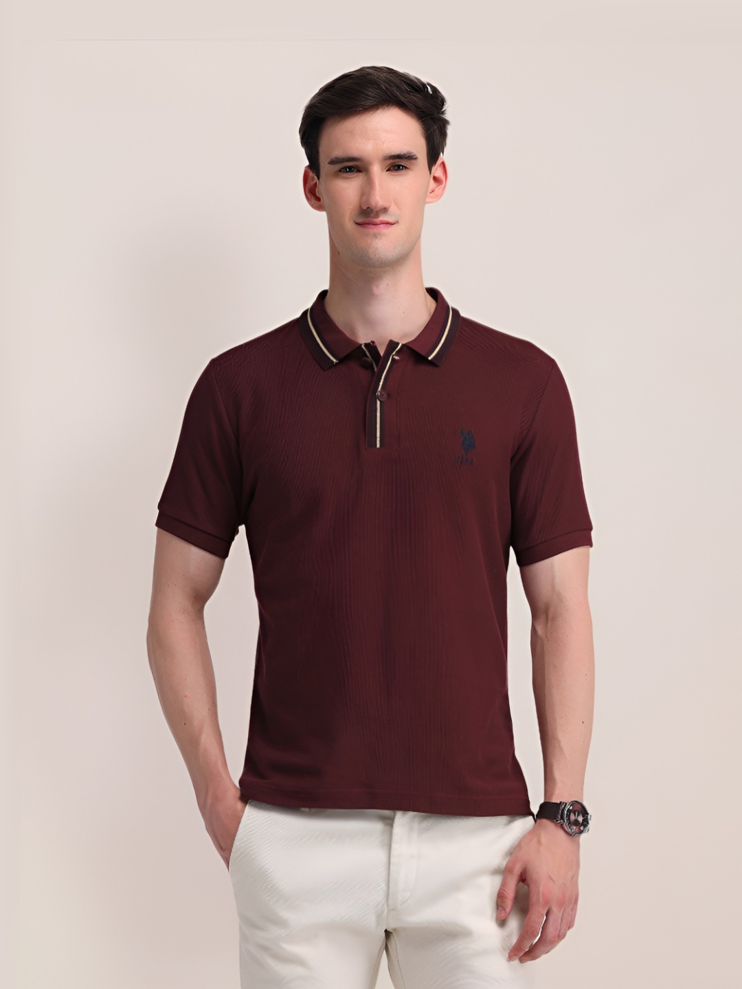 

U.S. Polo Assn. Men Solid Polo Collar Cotton Slim Fit T-shirt, Maroon