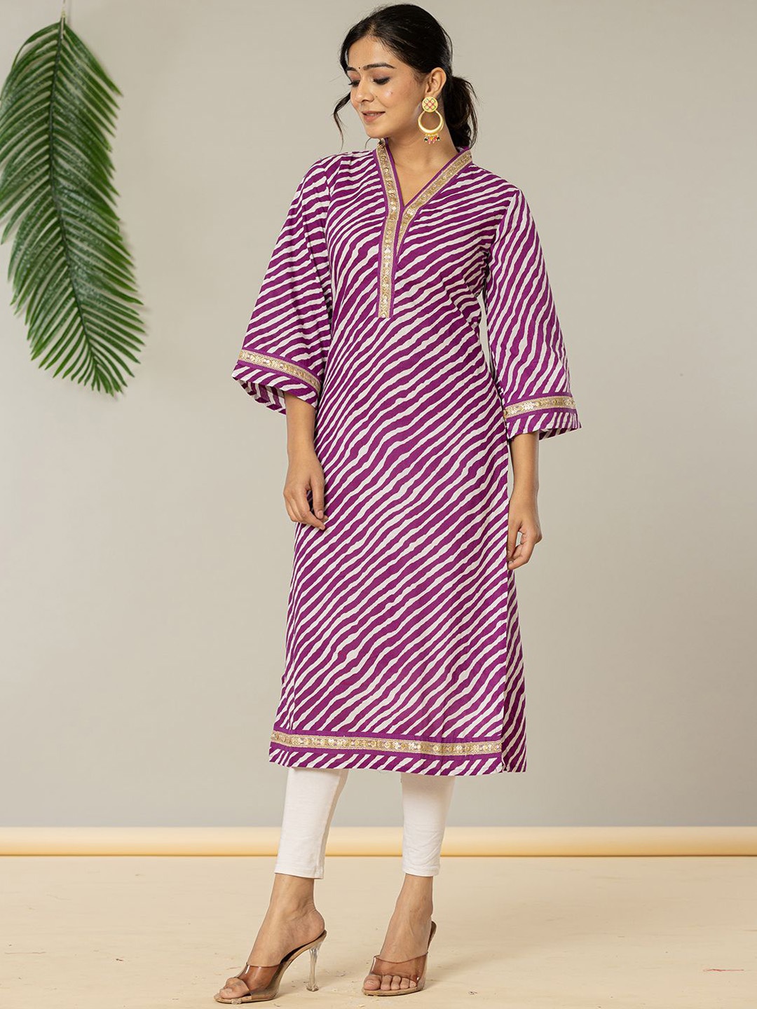 

Yufta Leheriya Printed Three-Quarter Flared Sleeves Sequin Work Pure Cotton Kurta, Purple