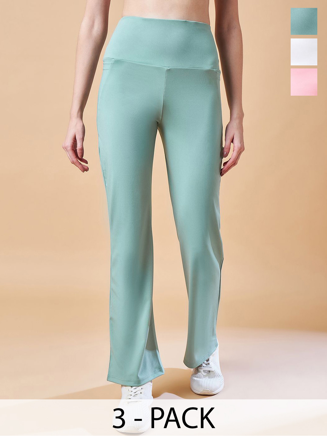 

COLOR CAPITAL Women Pack of 3 Ankle-Length Fly Dry Flared Gym Tights, Multi