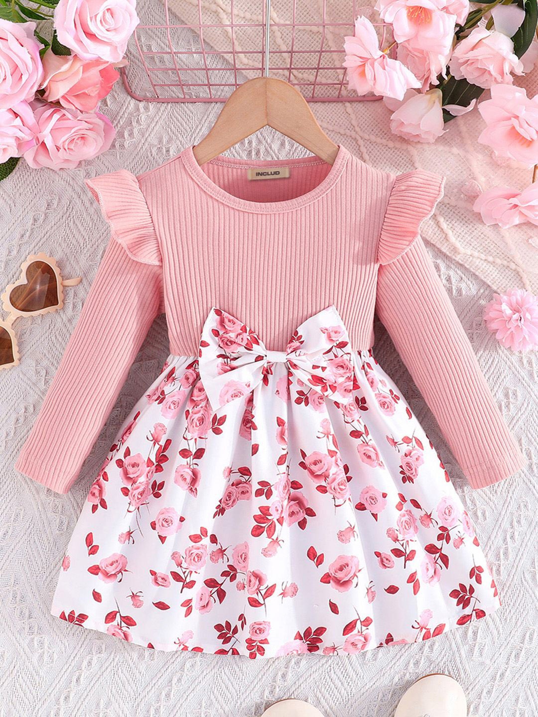 

INCLUD Girls Floral Printed Fit & Flare Dress, Pink