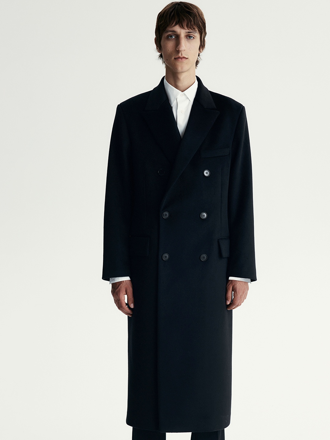 

H&M Men Solid Double-Breasted Woolen Coat, Black
