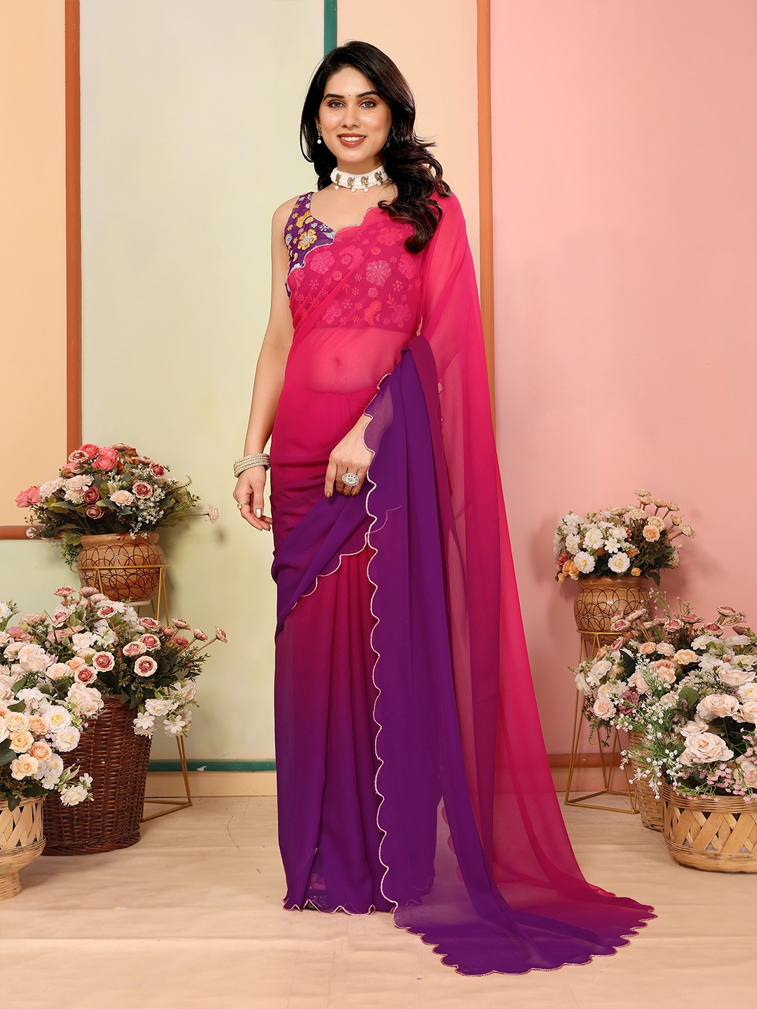 

PHORIA STYLE Ombre Embroidered Pure Georgette Saree, Purple