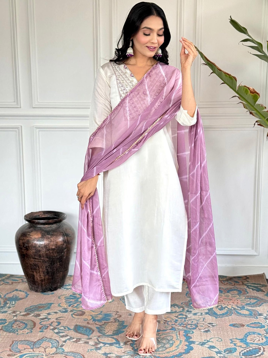 

THE52 Floral Yoke Design Thread Work Chanderi Silk Kurta With Trousers & Dupatta, White