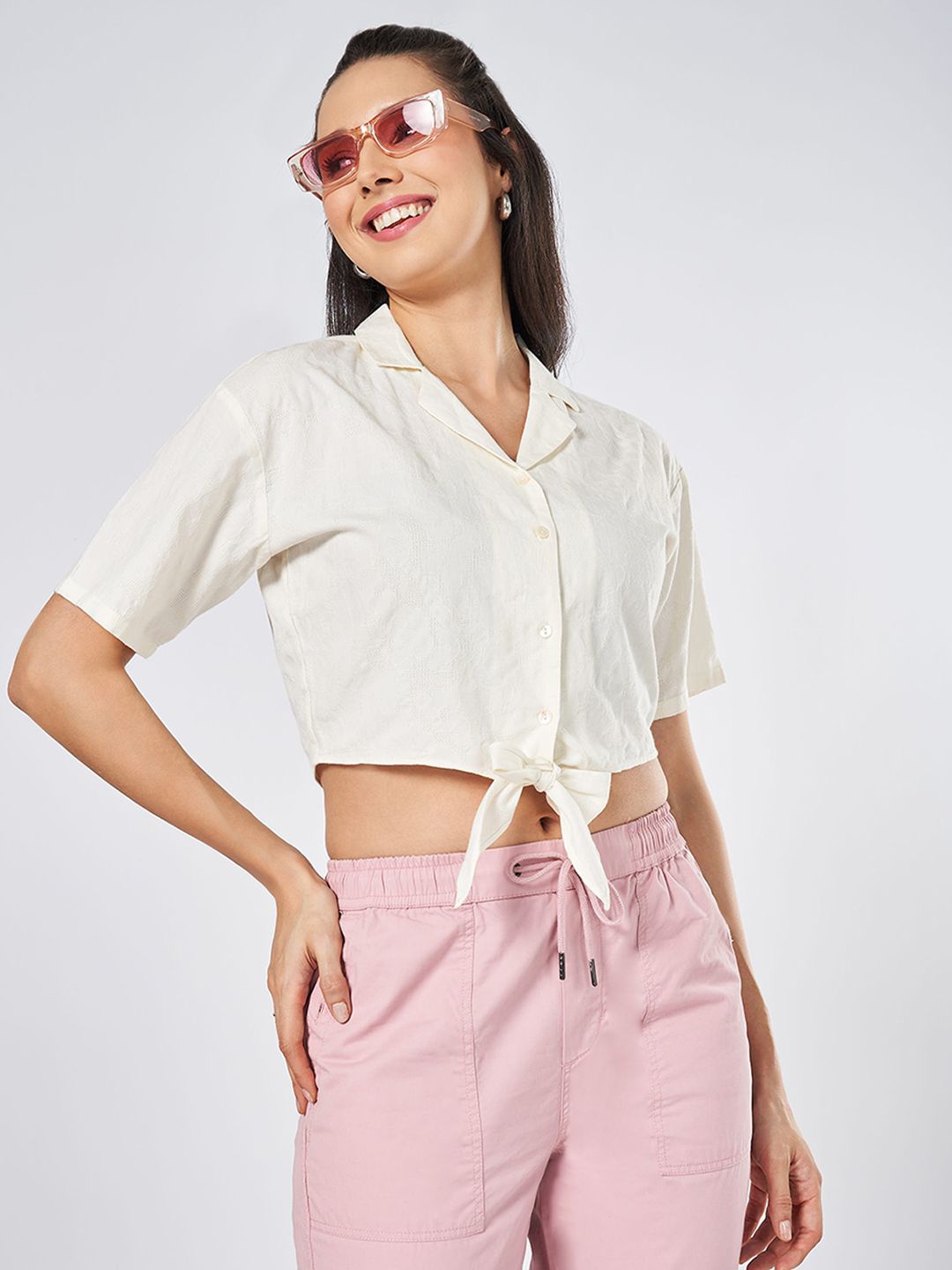 

Honey by Pantaloons Women Cotton Shirt Style Crop Top, Off white