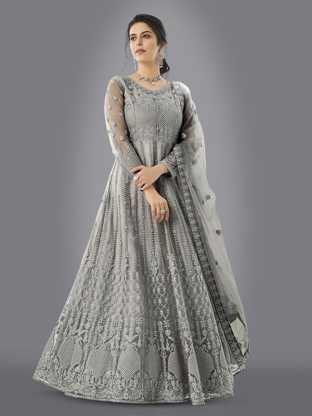 

Aika Ethnic Motifs Embroidered Net Fit & Flare Maxi Ethnic Dress, Grey