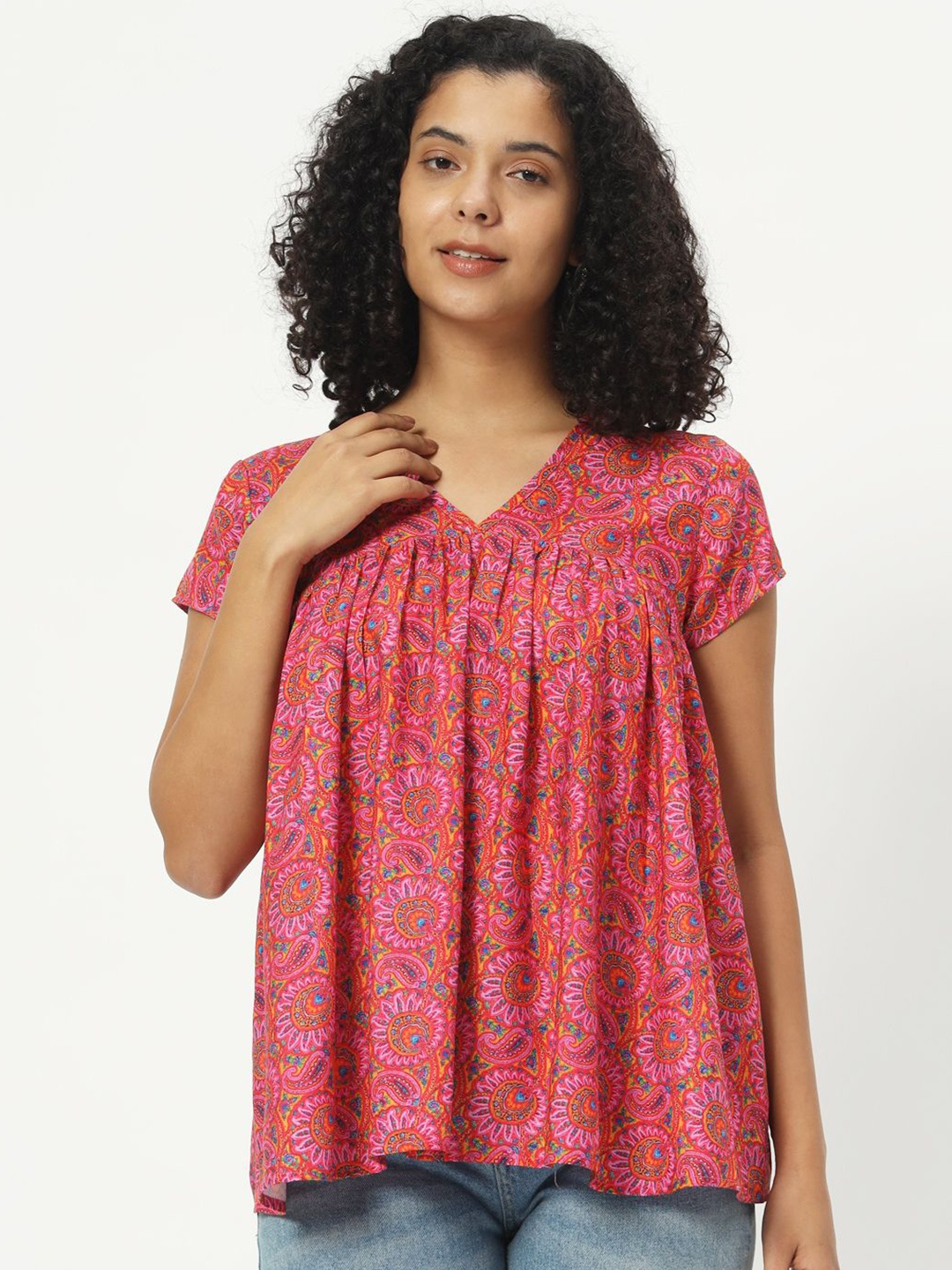 

CHARMGAL Women Self Design Printed Ethnic Cotton Top, Pink