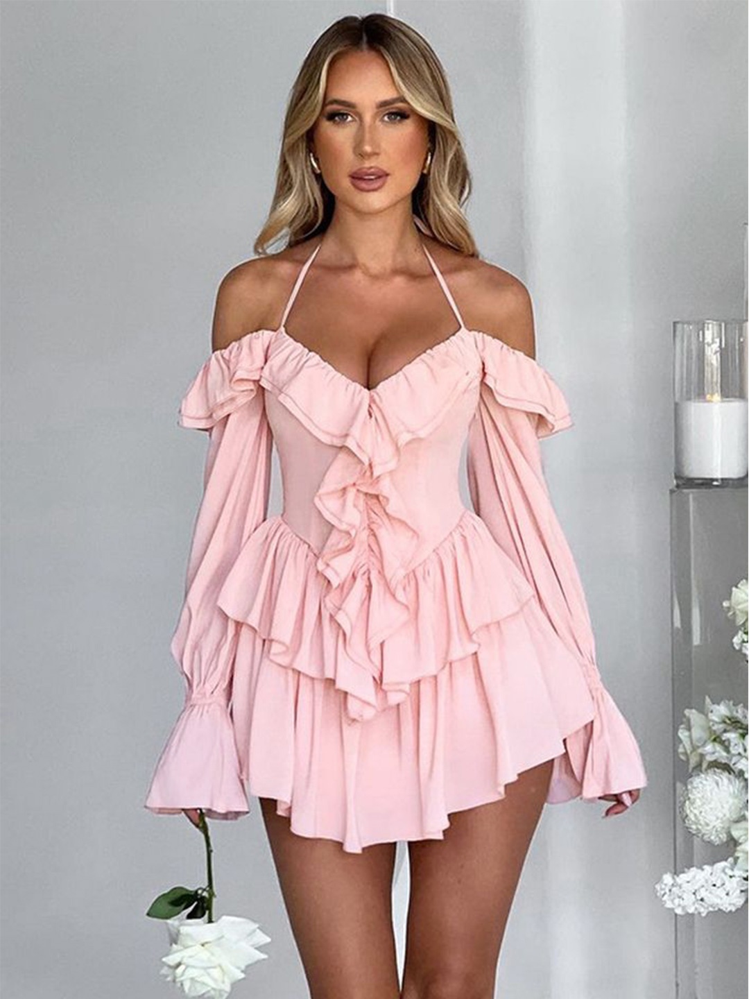 

LULU & SKY Women Self Design Flared Sleeve A-Line Mini Dress, Pink