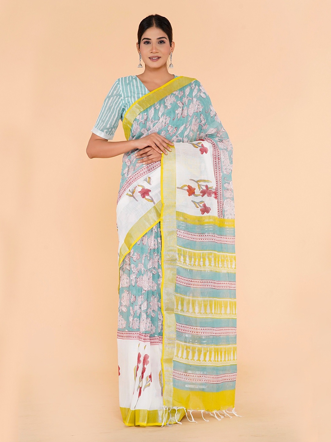 

Shivanya Handicrafts Floral Block Print Saree, Blue
