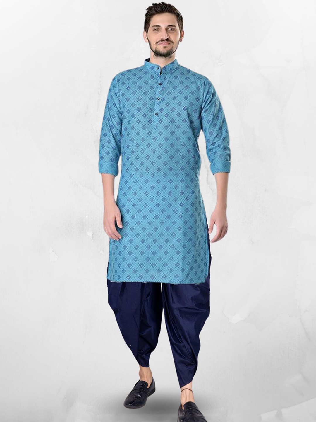 

SHIWAM ETHNIX Geometric Printed Mandarin Collar Straight Kurta With Dhoti Pants, Blue