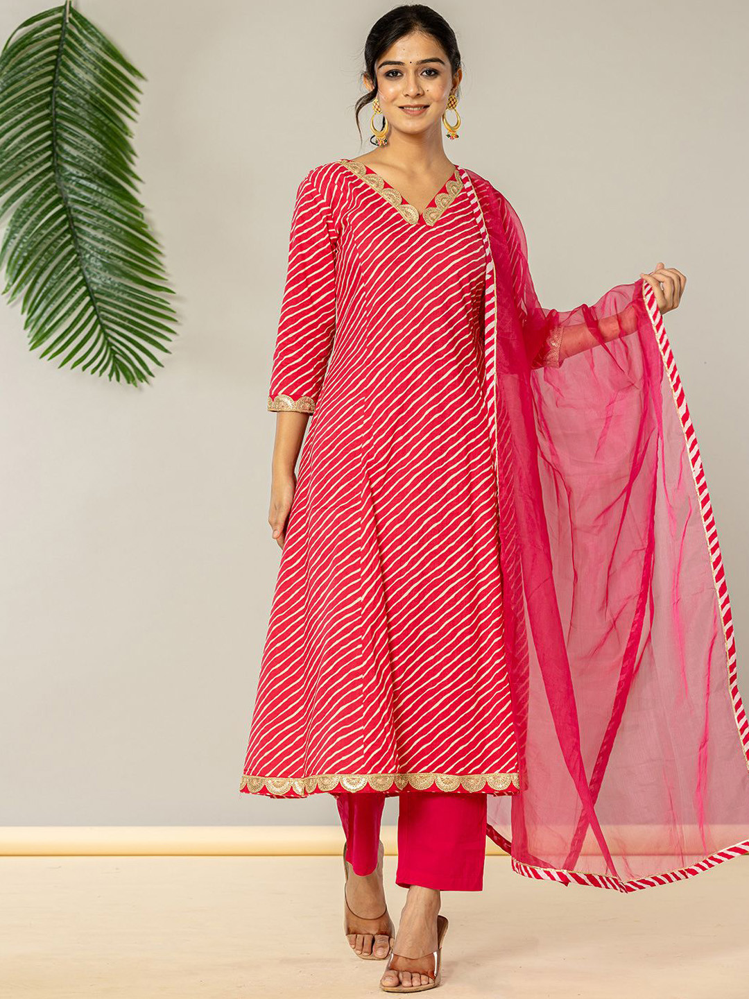 

Yufta Leheriya Printed Pure Cotton Anarkali Kurta with Trousers & Dupatta, Pink