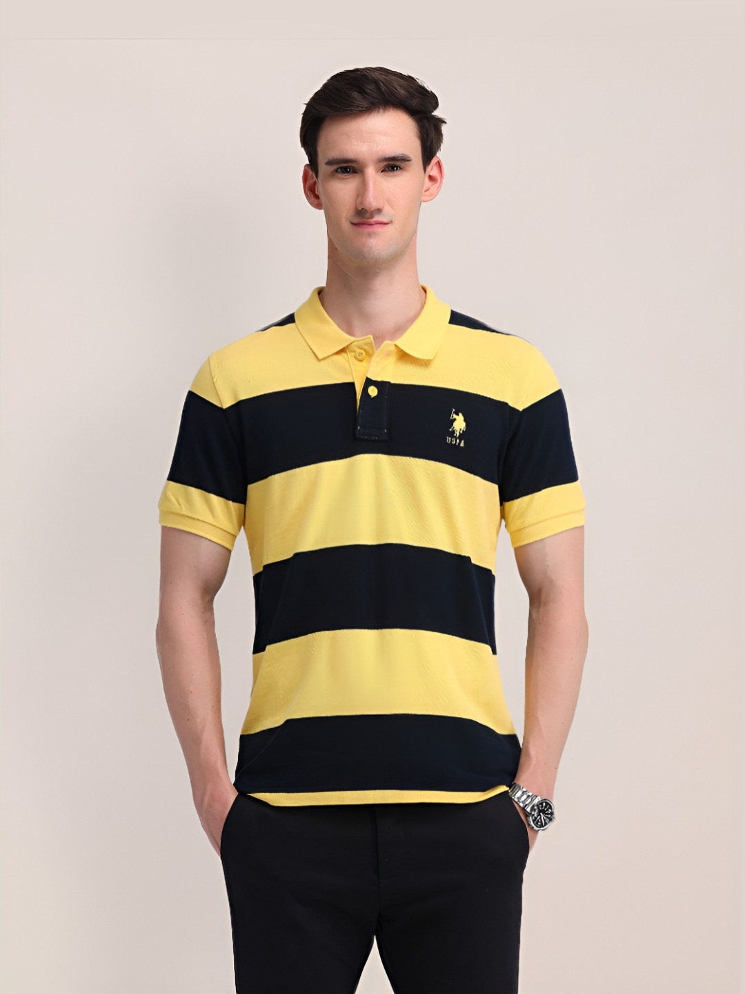 

U.S. Polo Assn. Men Striped Polo Collar Cotton Slim Fit T-shirt, Yellow