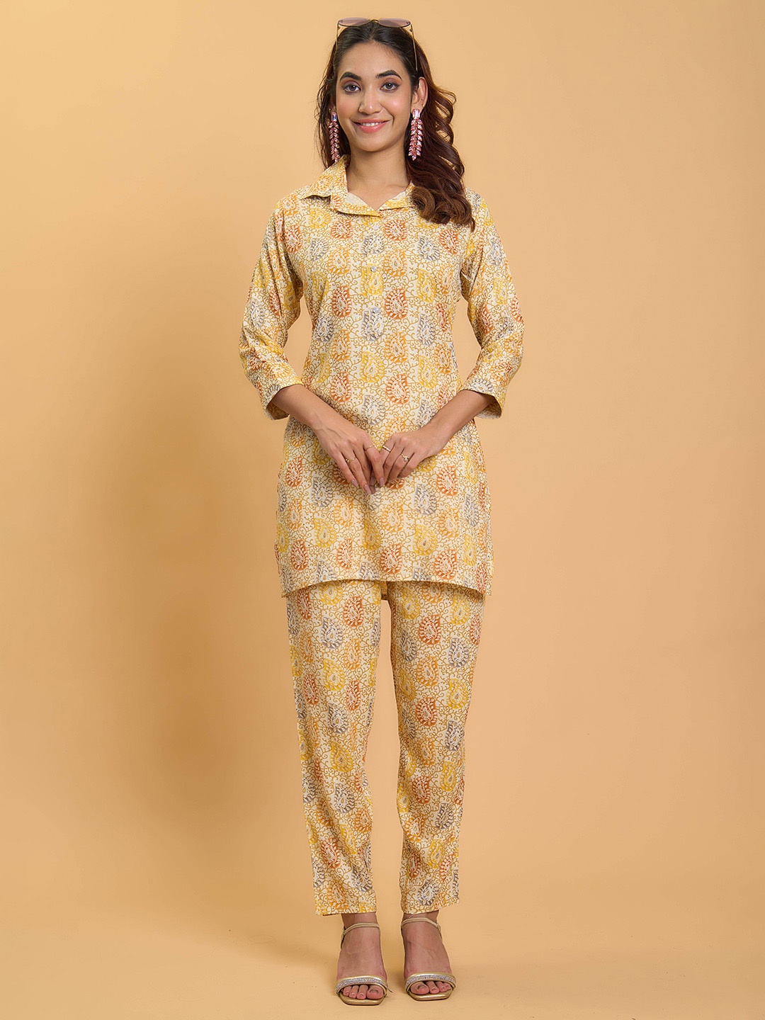 

KALINI Floral Printed Shirt Collar Tunic With Trouser, Yellow