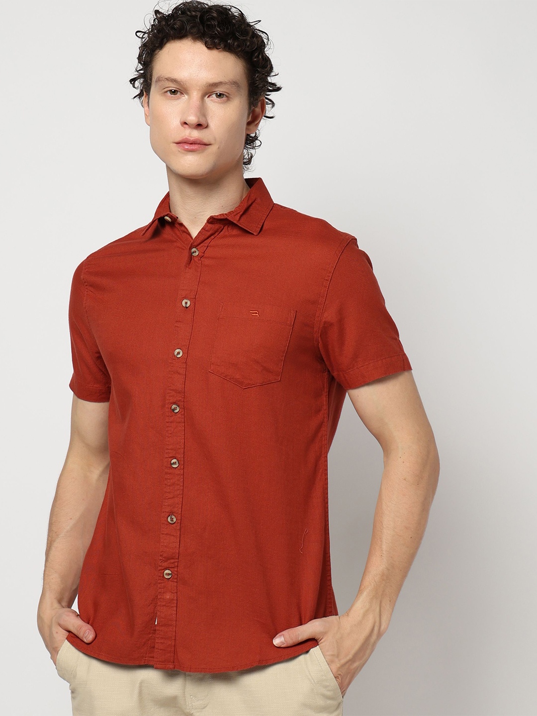 

Blue Buddha Men Comfort Spread Collar Solid Cotton Tailored Fit Casual Shirt, Red