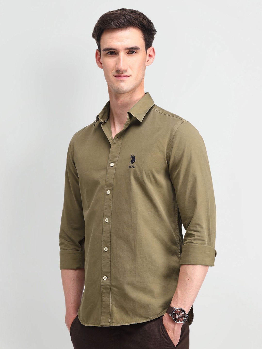 

U.S. Polo Assn. Denim Co. Men Manhattan Spread Collar Solid Cotton Slim Fit Casual Shirt, Green