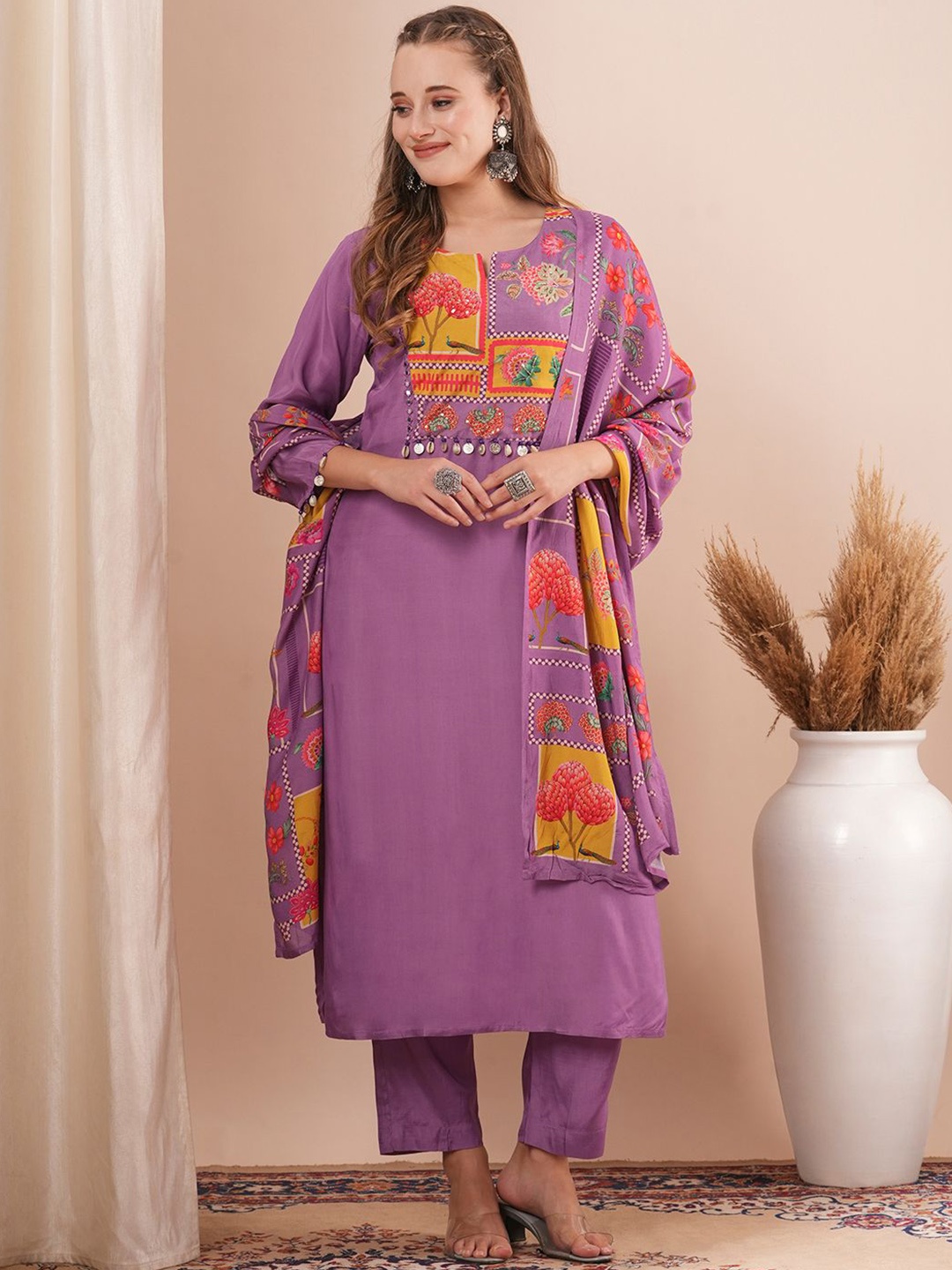 

FASHOR Ethnic Motifs Printed Regular Beads & Stones Straight Kurta with Trousers & Dupatta, Purple