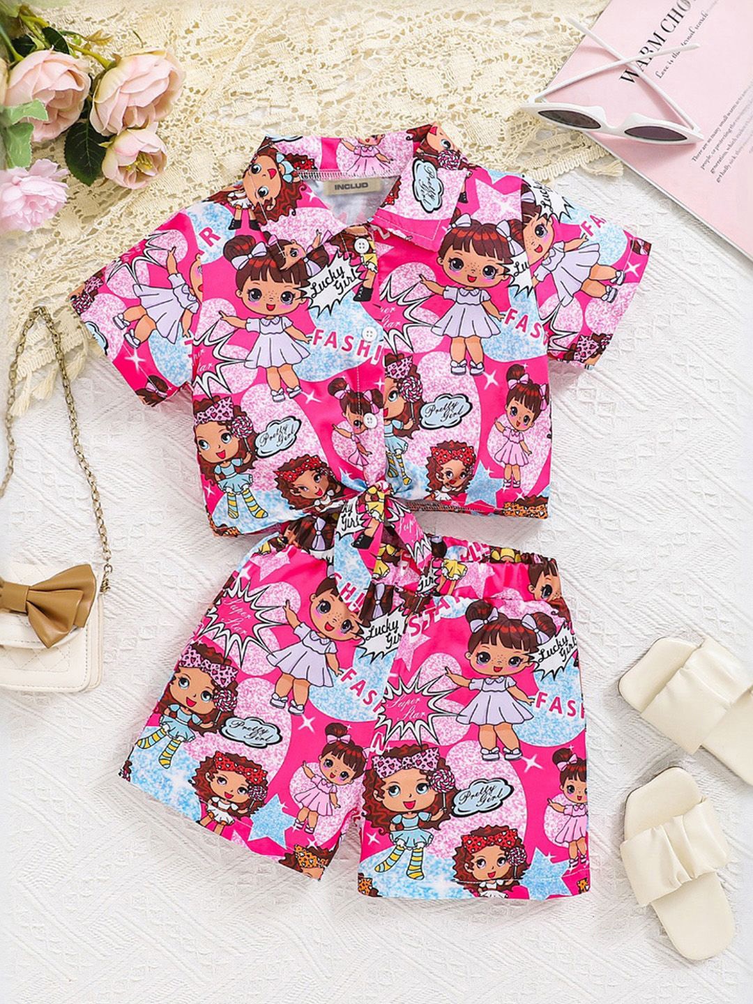 

INCLUD Girls Printed Shirt with Shorts, Pink