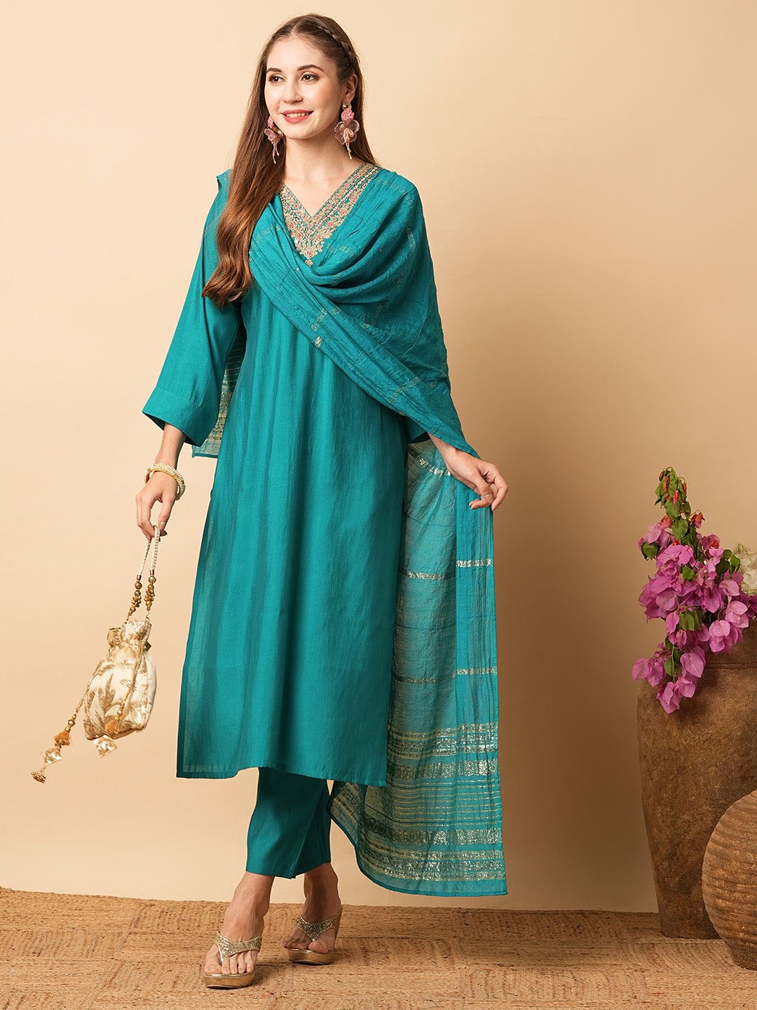 

KALINI Embroidered Thread Work Chanderi Silk Straight Kurta with Trousers & With Dupatta, Teal