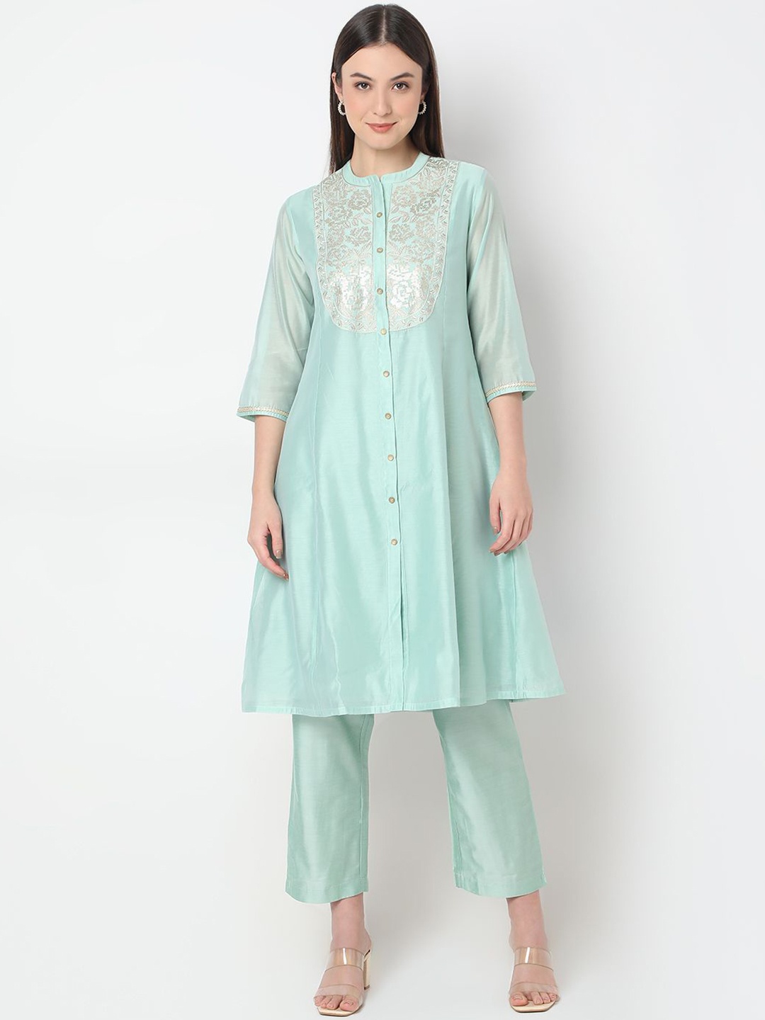 

Ethnicity Ethnic Motifs Woven Design A-Line Kurta with Trouser & Dupatta, Green