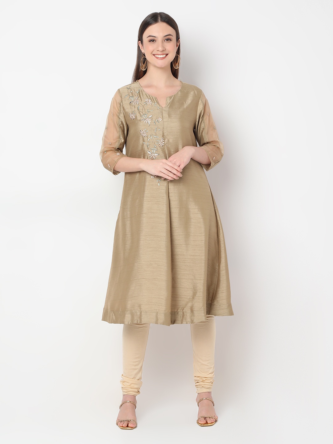 

Ethnicity Floral Embroidered Notched Neck Thread Work A-Line Kurta, Green