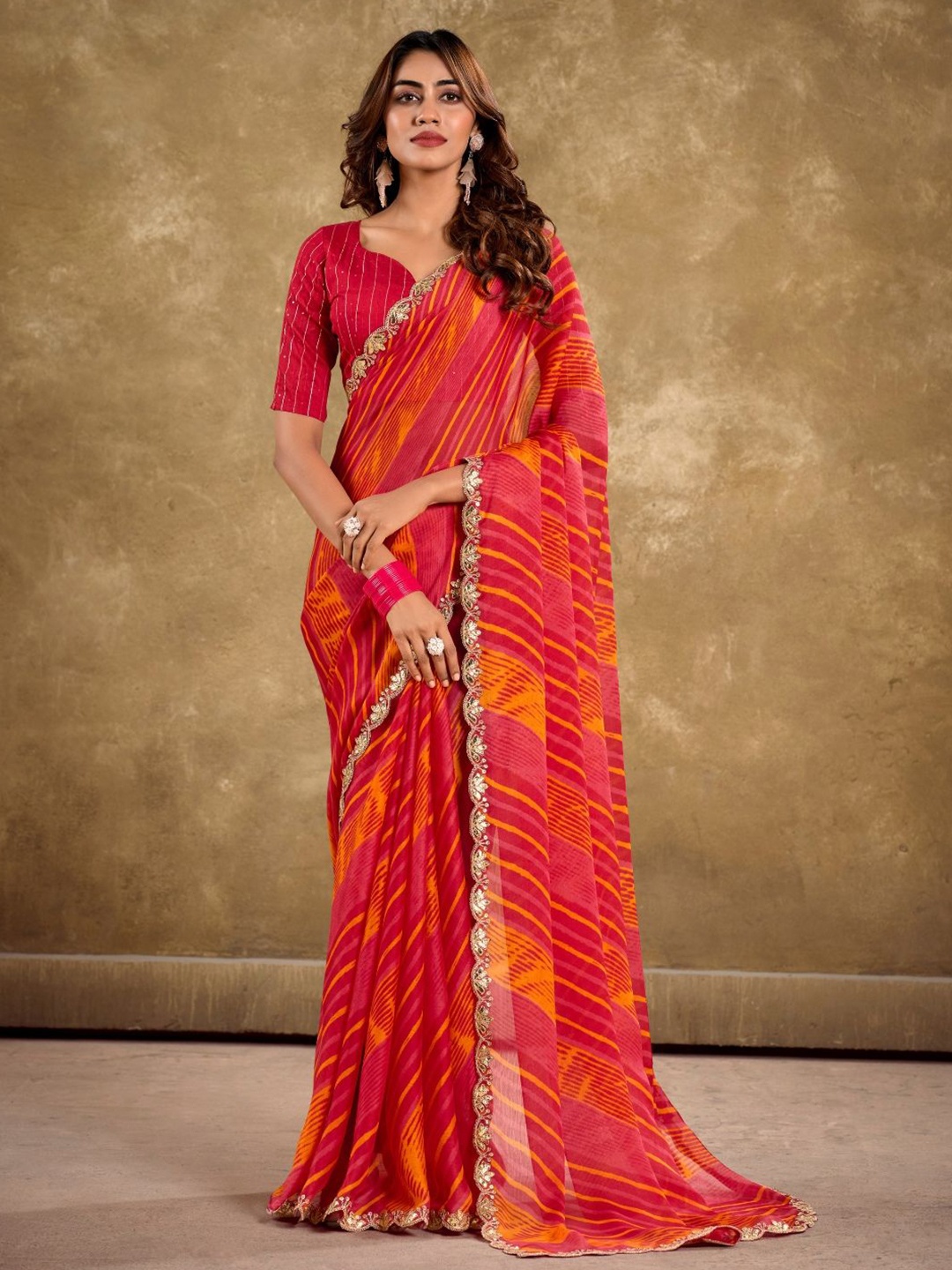 

CHUDIYA Traditional Leheriya Embroidered Pure Chiffon Saree, Red