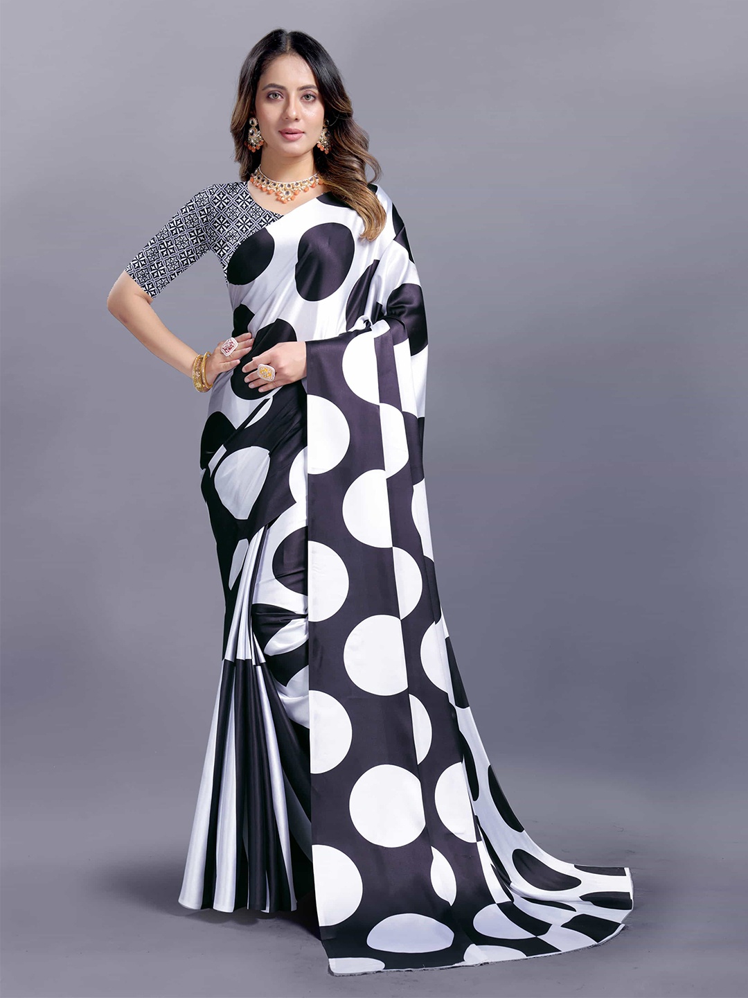 

V3 FASHION STUDIO Polka Dot White and Black Women Satin Saree With unstitched blouse