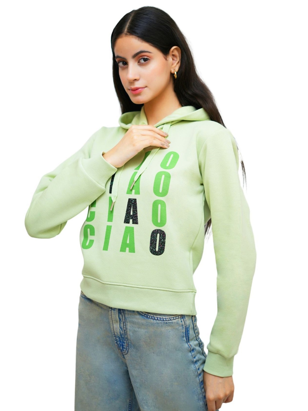 

PUREMIST Women Printed Hooded Sweatshirt, Green