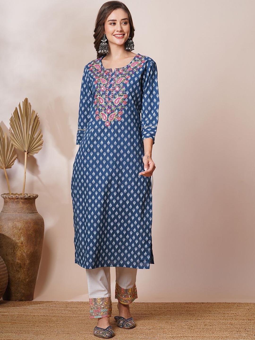 

FASHOR Ethnic Motifs Printed Pure Cotton Straight Kurta, Blue