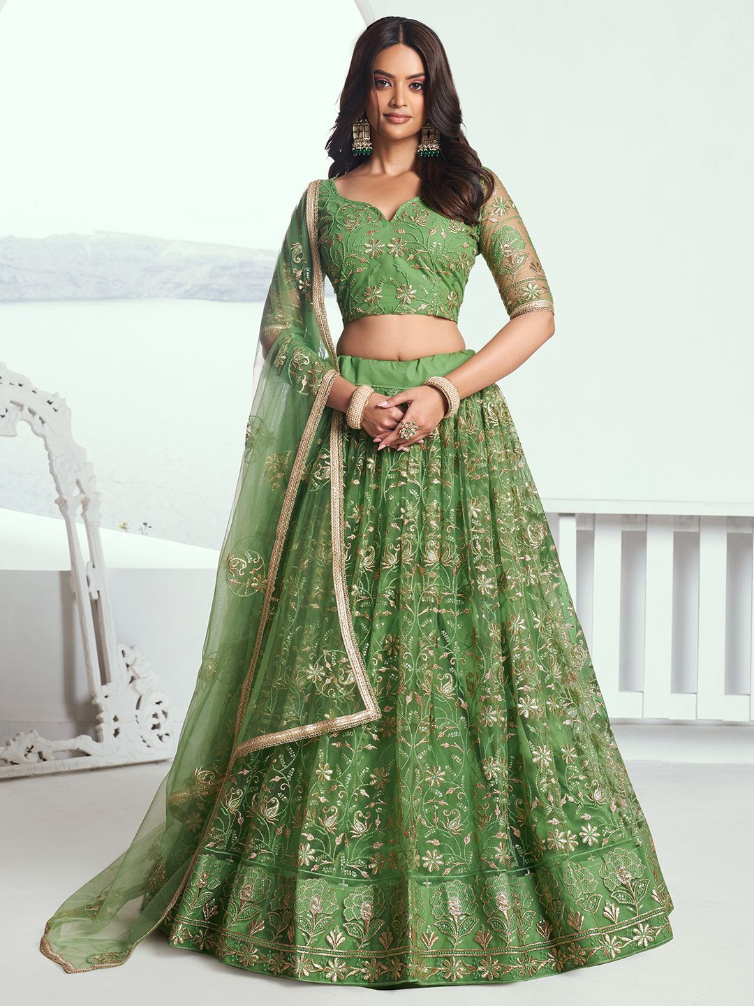 

FABPIXEL Embroidered Sequinned Semi-Stitched Lehenga & Unstitched Blouse With Dupatta, Green