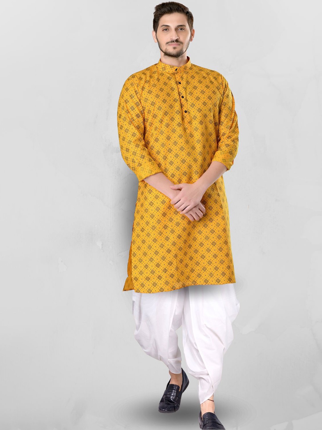 

SHIWAM ETHNIX Geometric Printed Mandarin Collar Straight Kurta With Dhoti Pants, Yellow