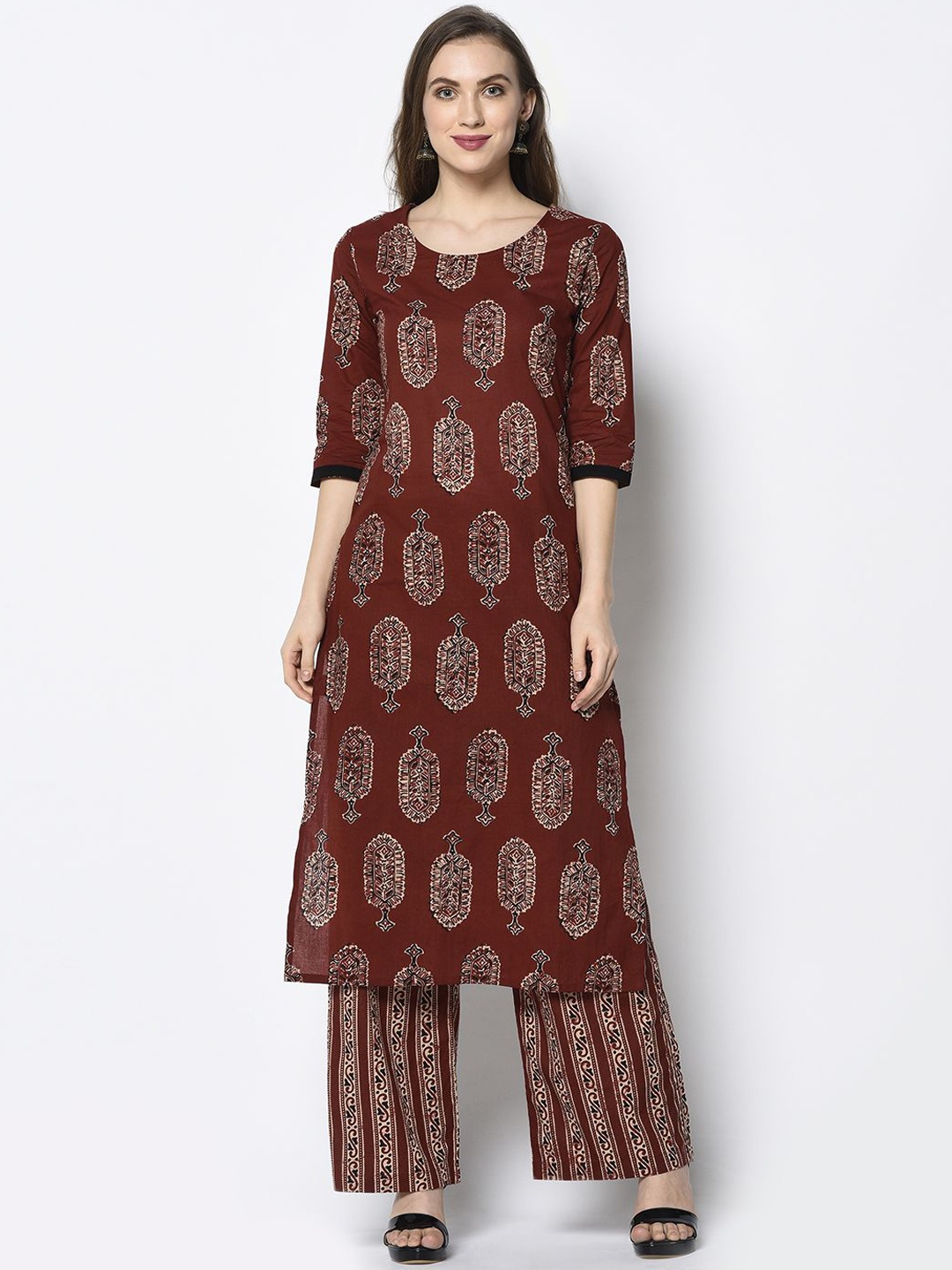 

antaran Floral Printed Regular Pure Cotton Straight Kurta with Trousers, Rust