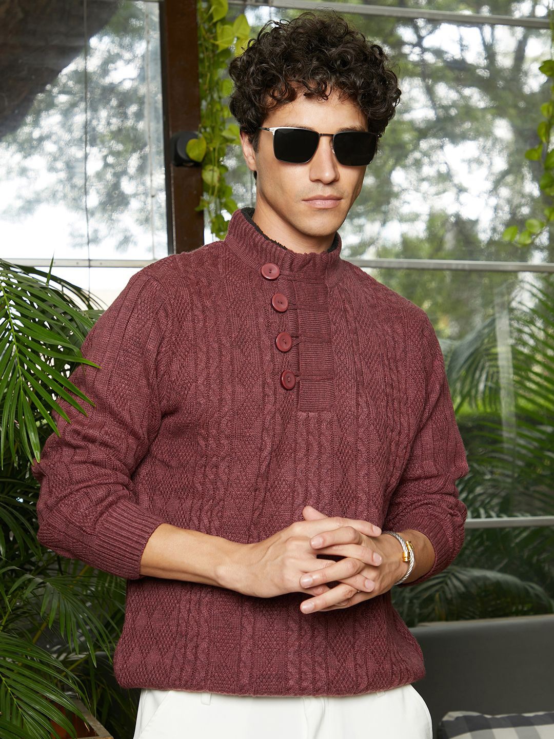 

Campus Sutra Men Long Sleeves Mock Collar Cable Knit Pullover, Red