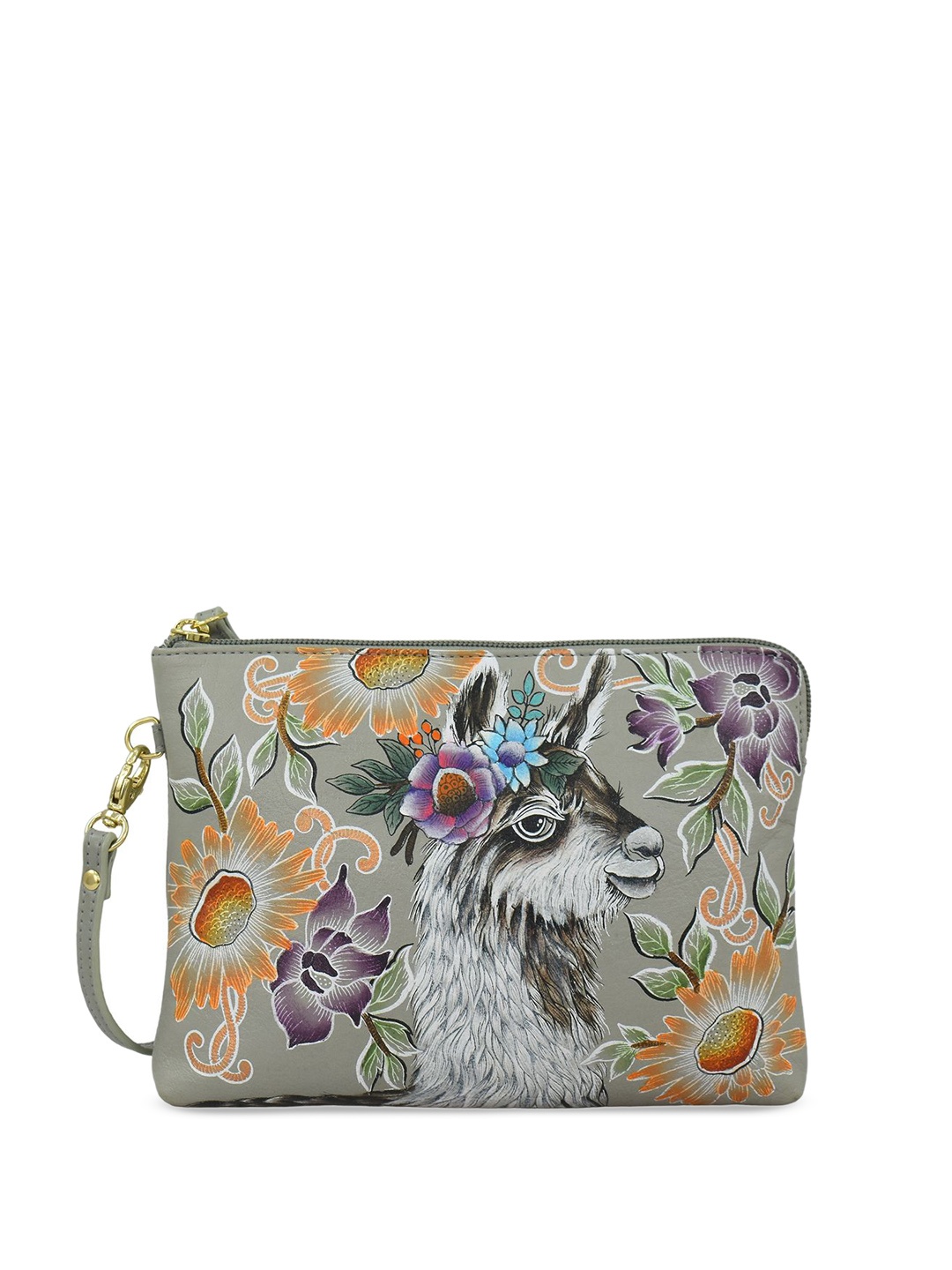 

Anuschka Women Floral Printed Structured Leather Sling Bag, Grey