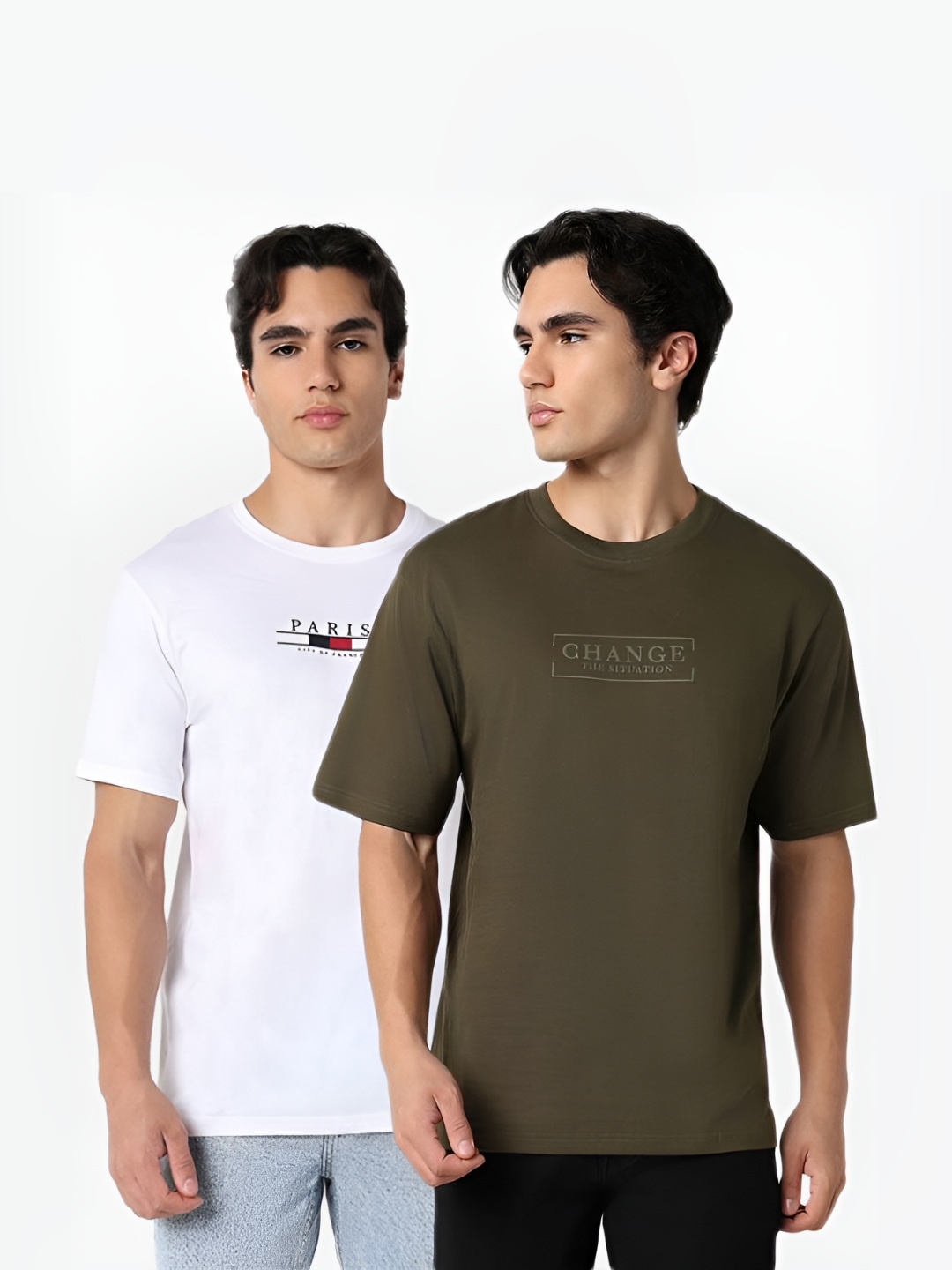 

R&B Men Pack Of 2 Typography Printed Round Neck Cotton T-shirts, Olive