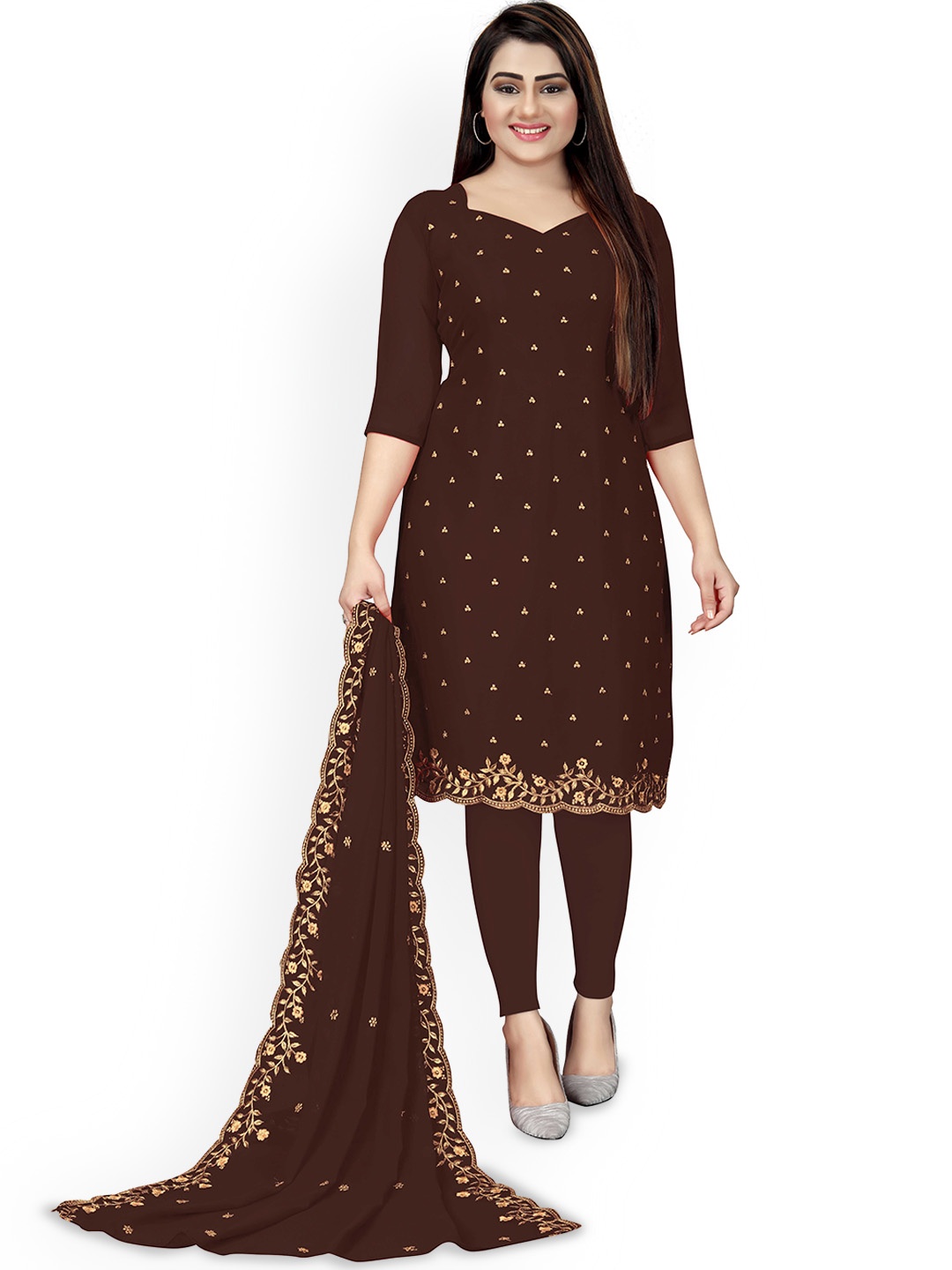 

Maroosh Ethnic Motifs Embellished Unstitched Dress Material, Brown