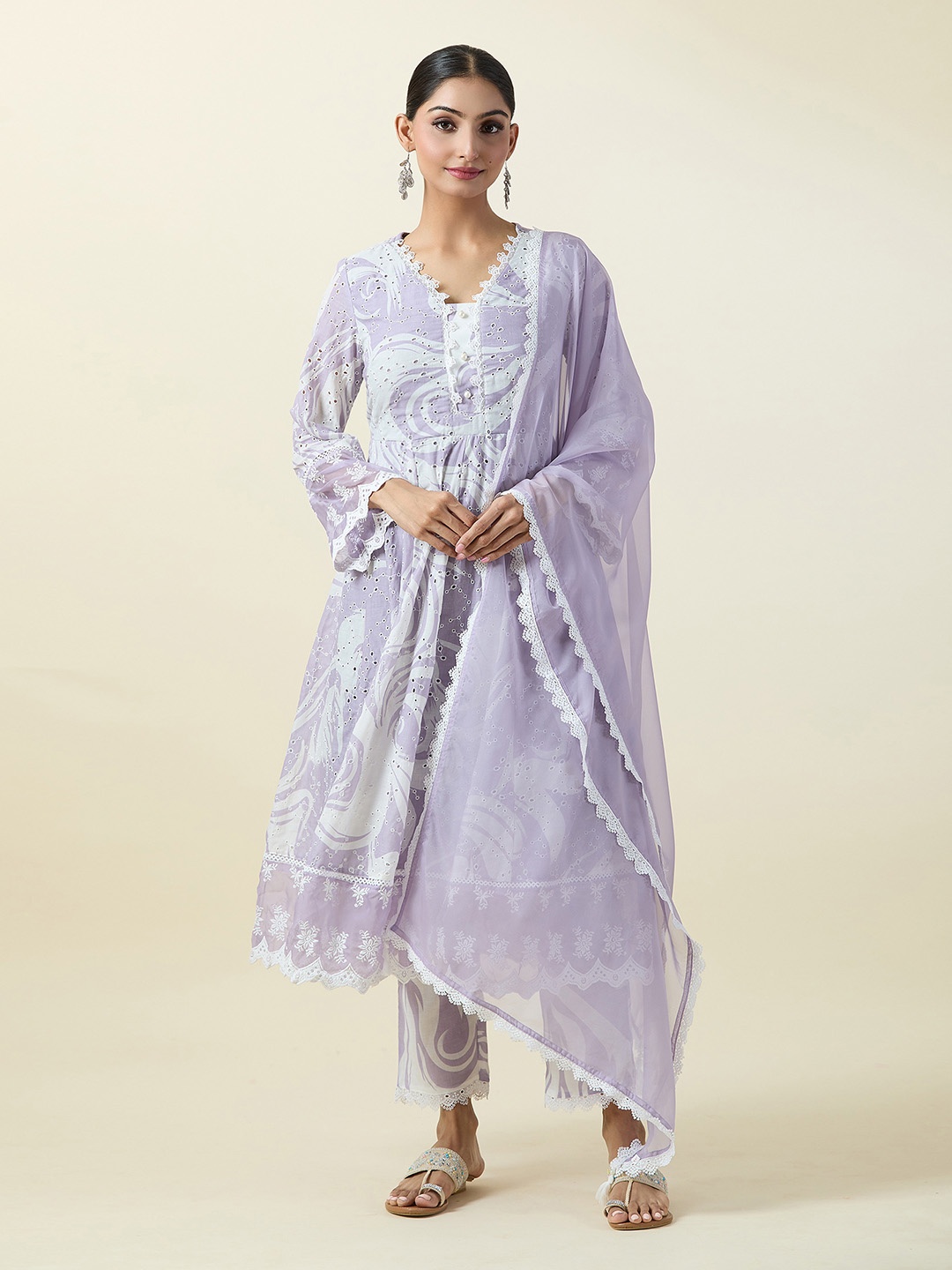 

Samyukta Singhania Abstract Printed V-Neck Schifflli Anarkali Kurta With Trouser & Dupatta, Lavender