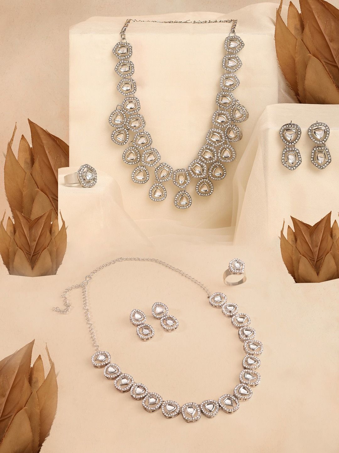 

AMI Set Of 2 Silver-Plated Stones-Studded Jewellery Set