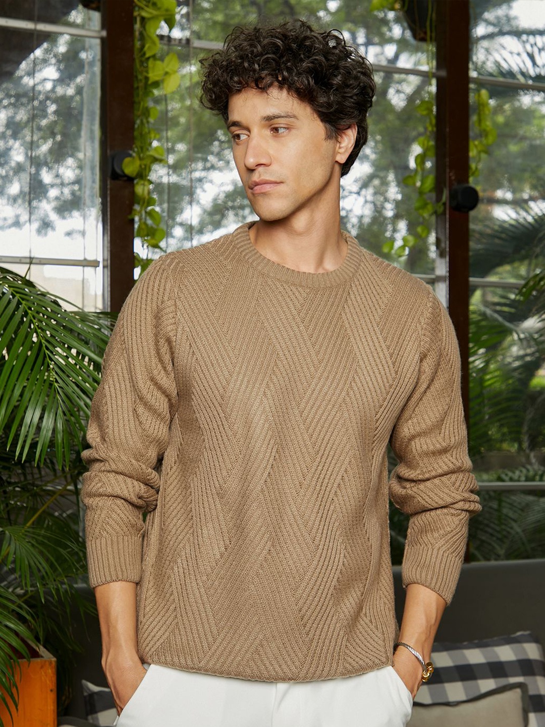 

Campus Sutra Men Cable Knit Pullover Sweaters, Brown