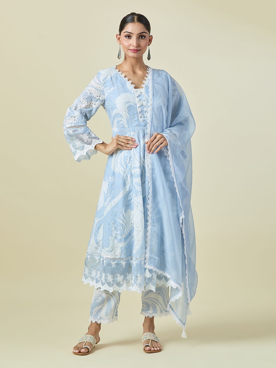 

Samyukta Singhania Floral Printed Regular Schiffili Anarkali Kurta with Trousers & Dupatta, Blue