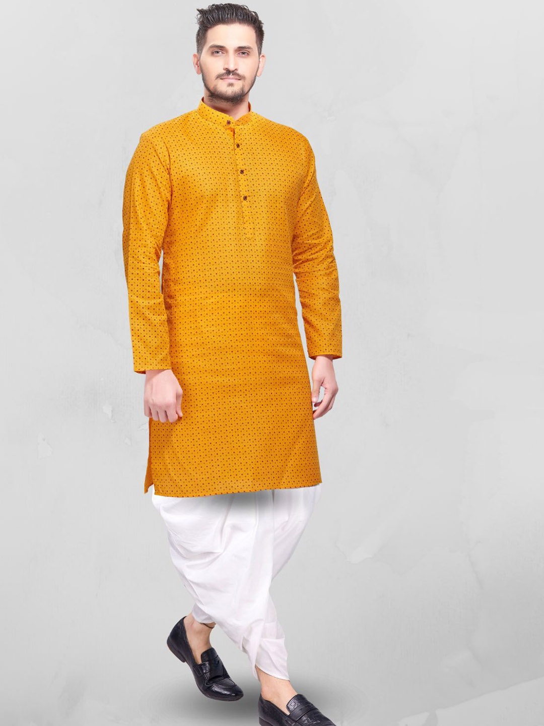 

SHIWAM ETHNIX Polka Dots Printed Straight Kurta with Dhoti Pants, Yellow