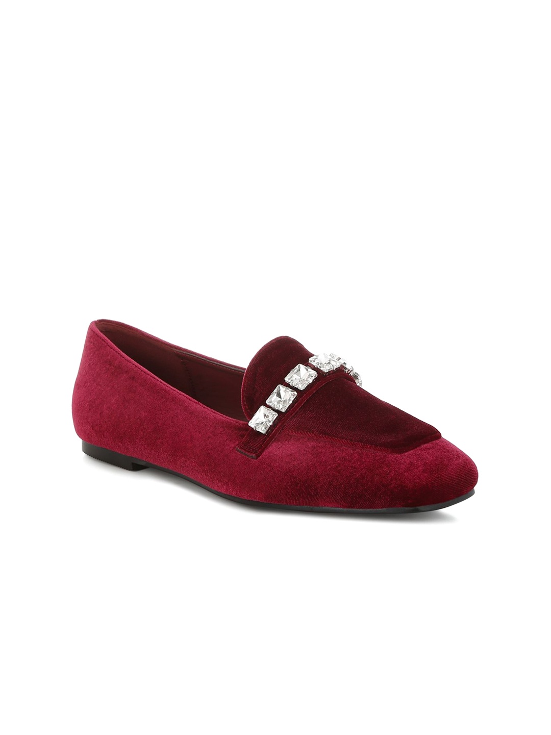 

RAG & CO Women Embellished Velvet Loafers, Red